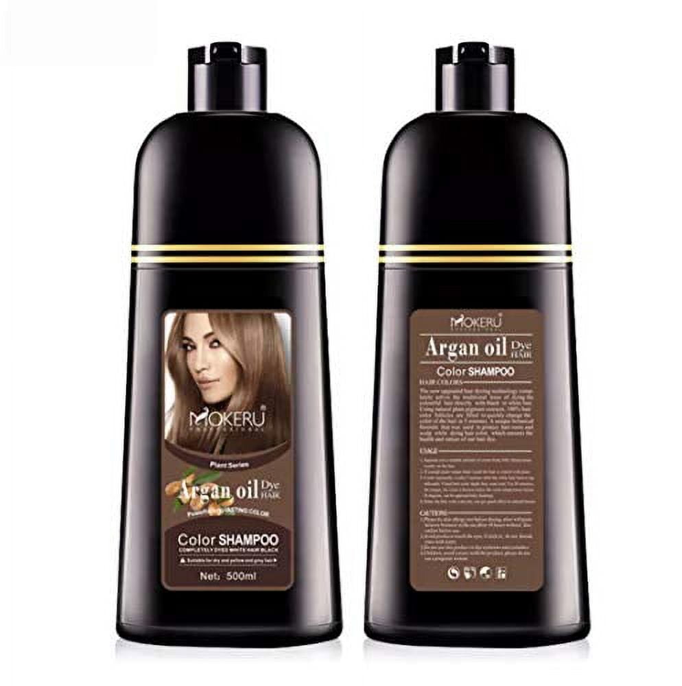 MOKERU Professional Argan Oil Hair Dye Color Shampoo 500 ML: Instant Fast Acting Long Lasting Signature Bundle by Maani (Light Brown)