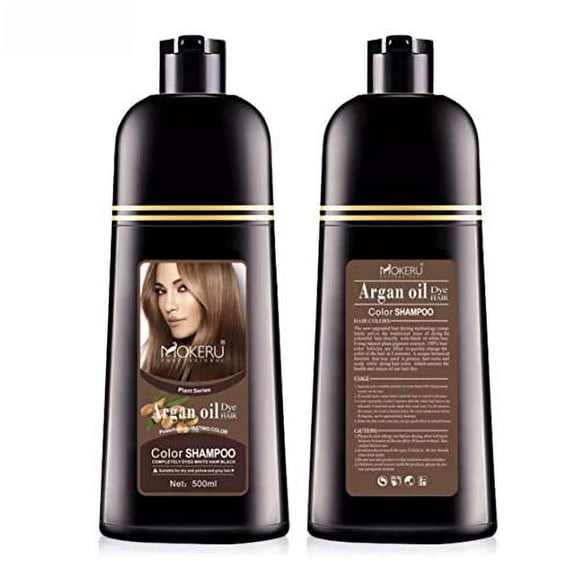 MOKERU Professional Argan Oil Hair Dye Color Shampoo 500 ML: Instant Fast Acting Long Lasting Signature Bundle by Maani (Light Brown)