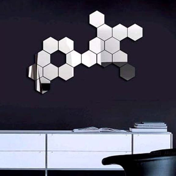 MOKKHNB 12Pcs Plated Silver Hexagon Wall Sticker DIY Mirror Decal Removable for Living Room Bathroom