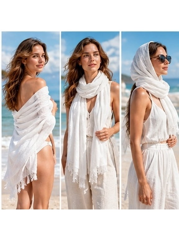 1Pc White Lightweight Shawl Cotton Linen Breathable for Beach Cover Up and Travel