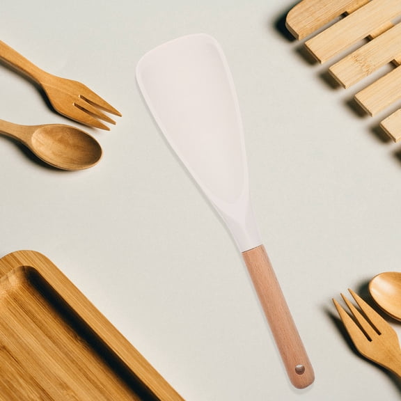 MOKKHNB 1Pc White Silicone Rice Spoon with Wood Handle Non Stick Kitchen Supply