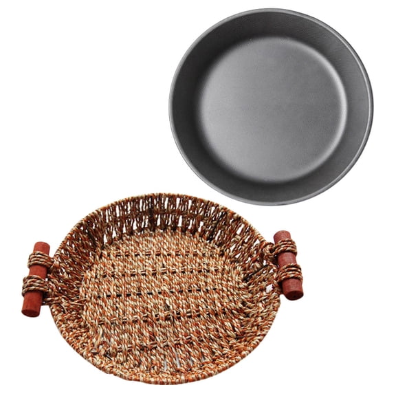 MOKKHNB Nonstick Iron Round Steak Grill Pan Set for Home Cooking and Serving, Black Frying and Grilling Plate