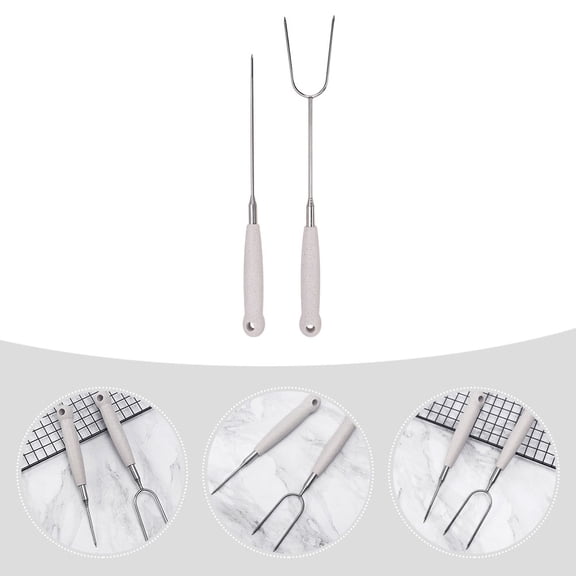 MOKKHNB 2-Piece Stainless Steel Barbecue Fork Set with Light Grey Ergonomic Handles for Outdoor Grilling