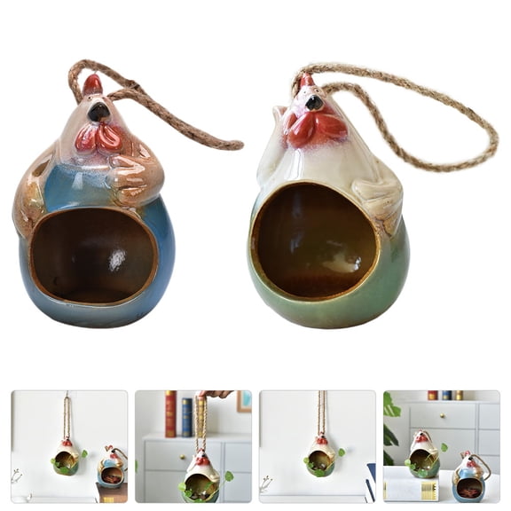 MOKKHNB 2Pcs Creative Hanging Ceramic Flowerpot Rooster Design Decorative Indoor Planter