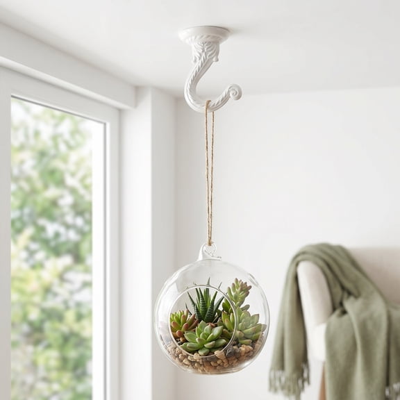 MOKKHNB 2Pcs Heavy Duty Ceiling Hooks for Plants Indoor Outdoor White Metal Screw in Mounts