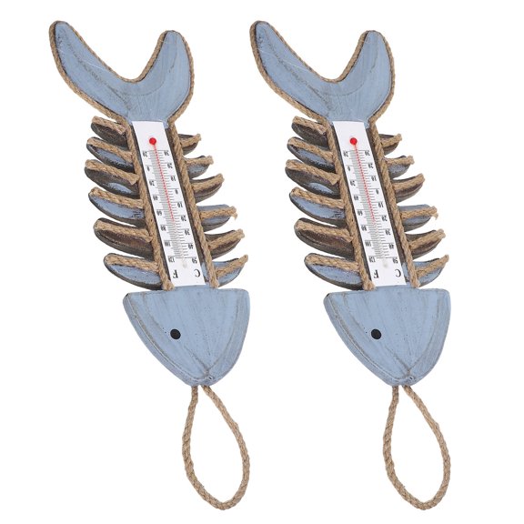 MOKKHNB 2Pcs Nautical Wooden Fish Bone Thermometer Wall Sculpture for Beach Theme Room Decor