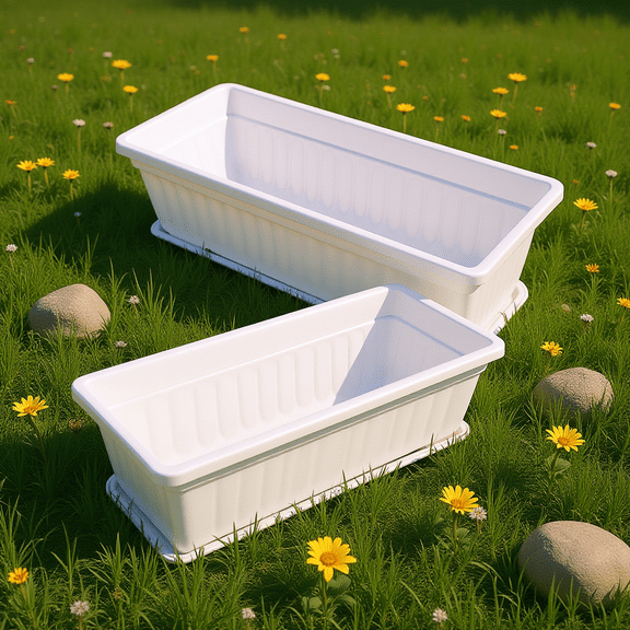 MOKKHNB 2Pcs White Plastic Planters for Outdoor Plants Durable Rectangular Flower Pots with Saucers