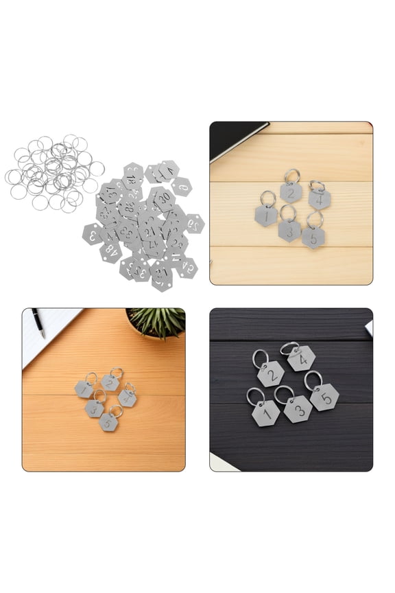 50Pcs Stainless Steel Metal Number Tags Hexagon Pendant Keychains with Clear Visible Numbers
