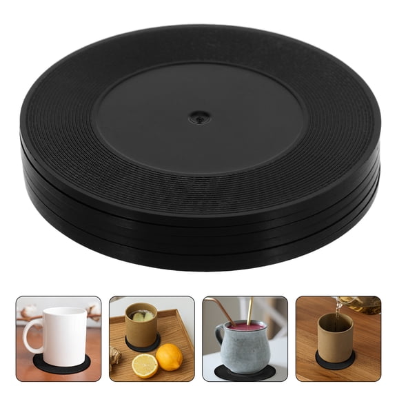 MOKKHNB 6Pcs Vinyl Record Coasters for Drinks Creative Retro Design with Nonslip Bottom Black ABS Material
