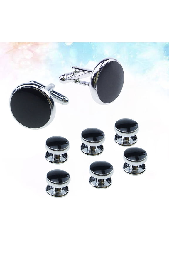 8Pcs Mens Black Round Cufflink and Studs Set Polished Classic Back Closure for Suit