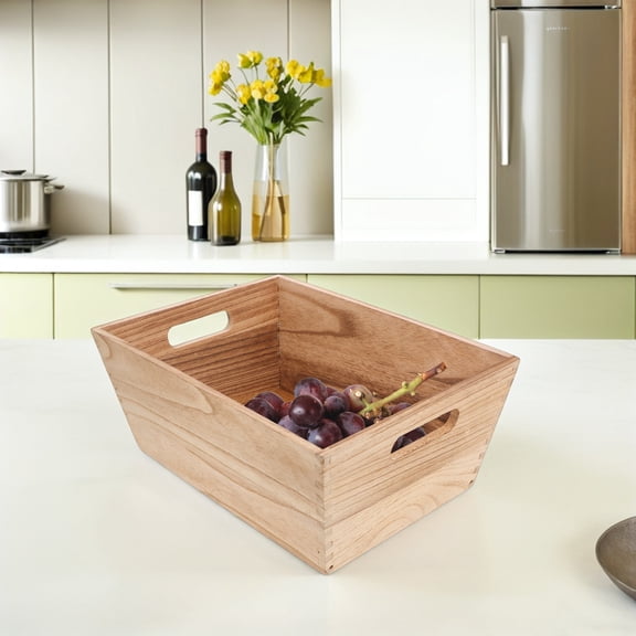 MOKKHNB Beige Wood Basket for Pantry Rustic Wooden Storage Crate with Handles for Fruit Vegetable Organization