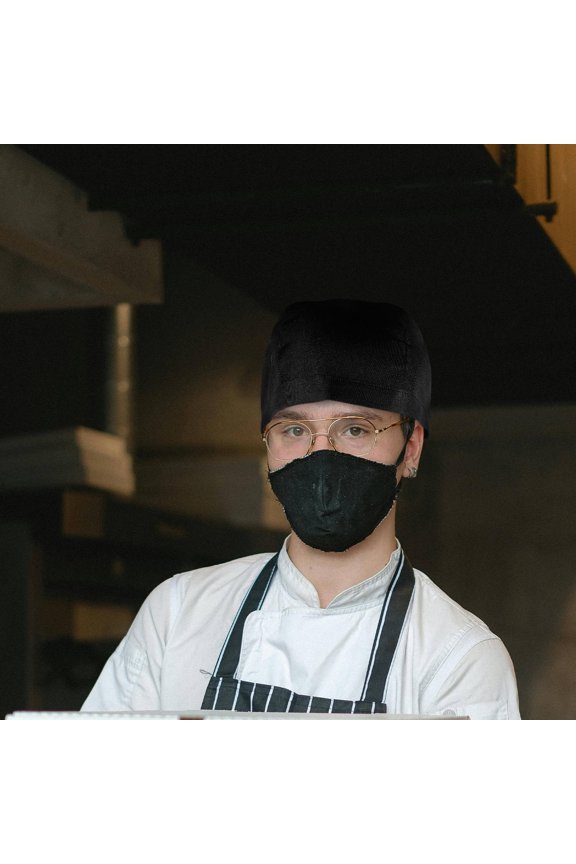 Durable Black Canvas Catering Skull Cap with Ribbon for Chef and Server Wear