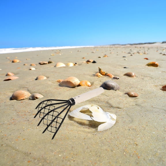 MOKKHNB Beach Shell Rake with Wooden Handle Carbon Steel Clam Digger Tool for Home and Outdoor Use