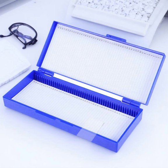 MOKKHNB Microscope Slide Storage Box in Blue with Numbered Slide Positions and Secure Lid