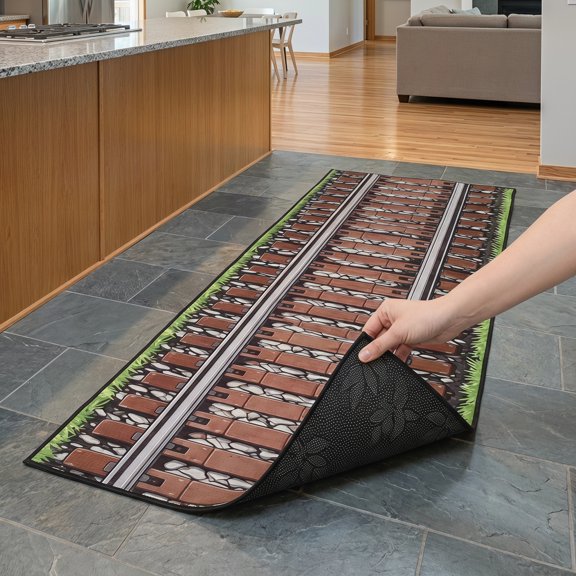 MOKKHNB Polyester Railroad Track Aisle Runner Rug 3D Train Track Design for Bedroom Or Party Decoration