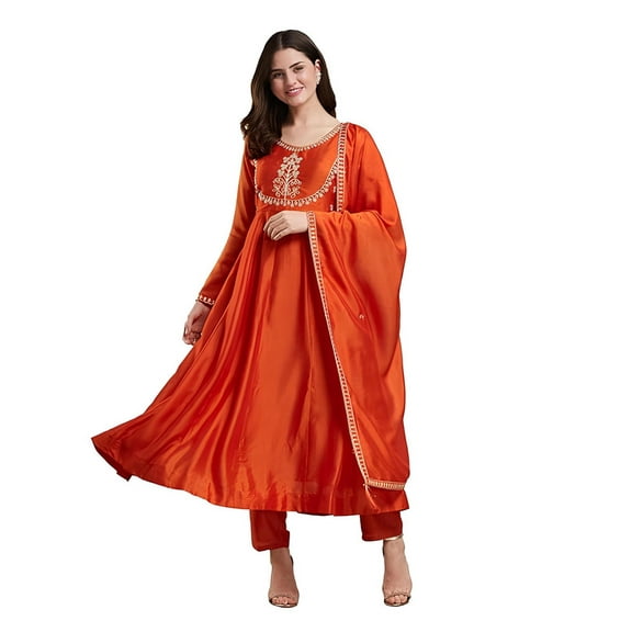 MOKOSH Women's Silk Anarkali & Pant with Dupatta Set - Indian Ethnic Traditional Wear Anarkali Kurta Set