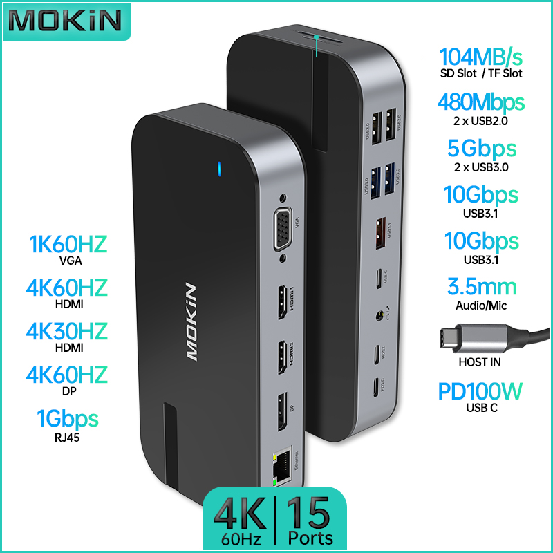 MOKiN 15 in 1 Docking Station USB2.0 USB3.0 HDMI 4K30Hz PD 100W SD RJ45