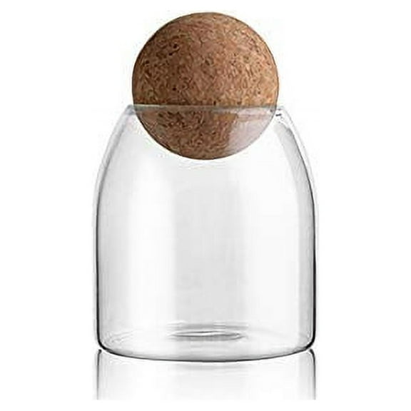 MOLADRI 500ML/16Oz Clear Glass Storage Cute Canister Holder Ball Wood Cork Top, Modern Decorative Cylinder Container Jar with Round Lid for Coffee, Spice, Candy, Salt, Cookie Cool Terrarium Bottle
