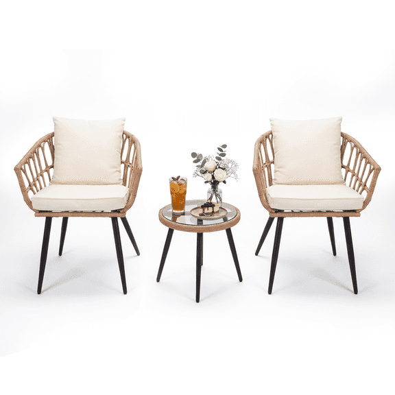 MOLIBYME 3 Piece All Weather Wicker Patio Bisto Set, Outdoor PE Rattan Conversation Set with Chair and Table, Modern Furniture for Apartment Balcony Backyard Porch Lawn Pool, Indoor/Outdoor