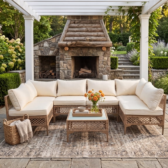 MOLIBYME 7 Pcs Outdoor Patio Furniture Set, Modular Outdoor Sectional Wicker Conversation Set, Rattan Sofa Set with Glass Table and Washable Cushion Covers, Beige Cushion