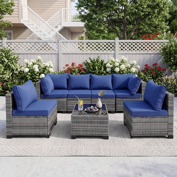 MOLIBYME 7 Pcs Outdoor Patio Furniture Set, Modular Outdoor Sectional Wicker Conversation Set, Rattan Sofa Set with Glass Table and Washable Cushion Covers, Blue Cushion