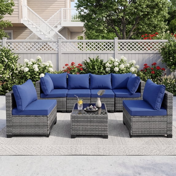 MOLIBYME 7 Pcs Outdoor Patio Furniture Set, Modular Outdoor Sectional Wicker Conversation Set, Rattan Sofa Set with Glass Table and Washable Cushion Covers, Blue Cushion