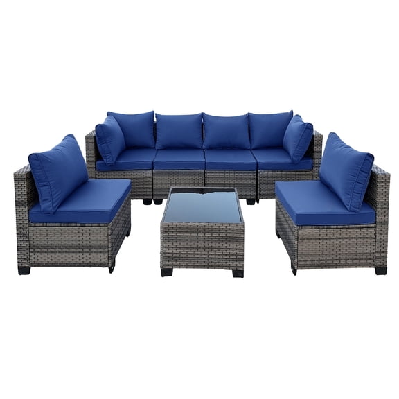 MOLIBYME 7 Pcs Outdoor Patio Furniture Set, Modular Outdoor Sectional Wicker Conversation Set, Rattan Sofa Set with Glass Table and Washable Cushion Covers, Blue Cushion
