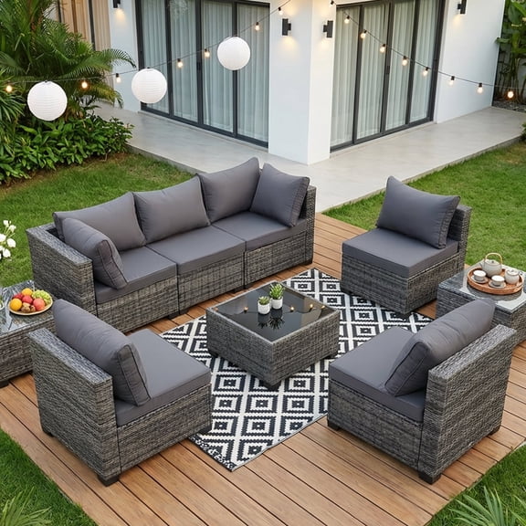 MOLIBYME 7 Pcs Outdoor Patio Furniture Set, Modular Outdoor Sectional Wicker Conversation Set, Rattan Sofa Set with Glass Table and Washable Cushion Covers, Gray