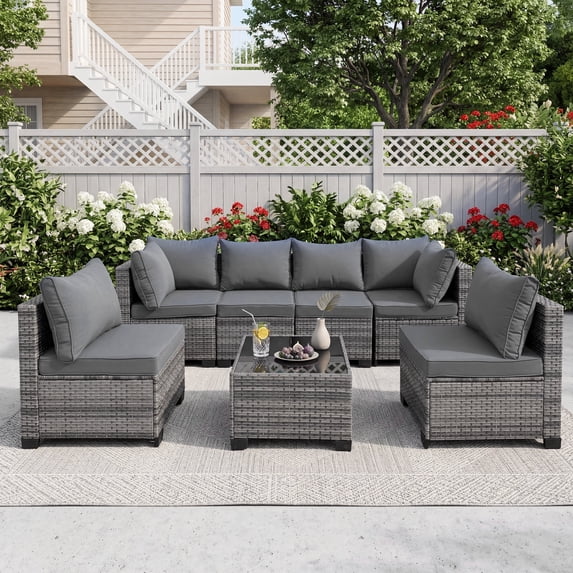 MOLIBYME 7 Pcs Outdoor Patio Furniture Set, Modular Outdoor Sectional Wicker Conversation Set, Rattan Sofa Set with Glass Table and Washable Cushion Covers, Gray