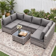 MOLIBYME 7 Pcs Outdoor Patio Furniture Set, Modular Outdoor Sectional Wicker Conversation Set, Rattan Sofa Set with Glass Table and Washable Cushion Covers, Lig