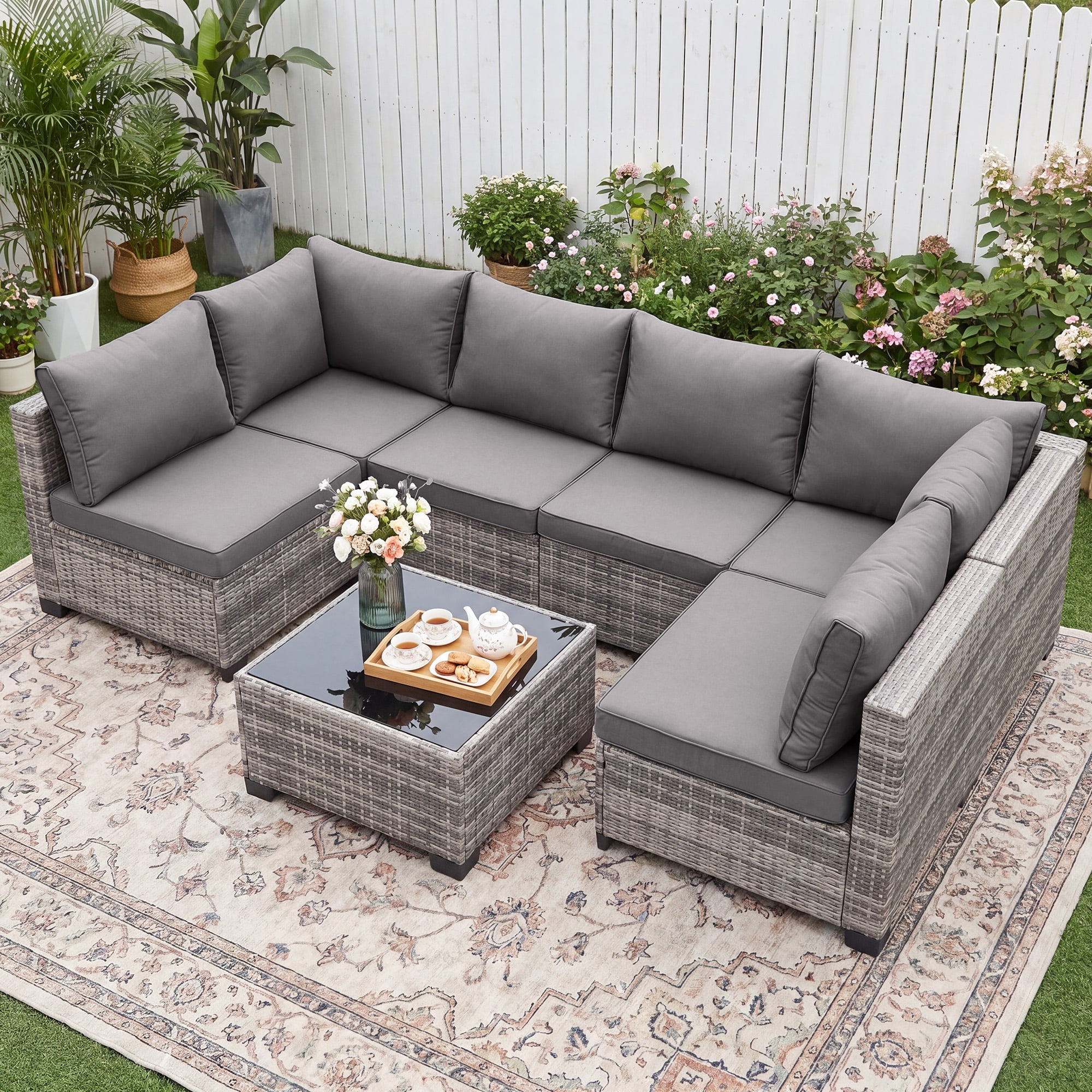 MOLIBYME 7 Pcs Outdoor Patio Furniture Set, Modular Outdoor Sectional Wicker Conversation Set, Rattan Sofa Set with Glass Table and Washable Cushion Covers, Light Gray