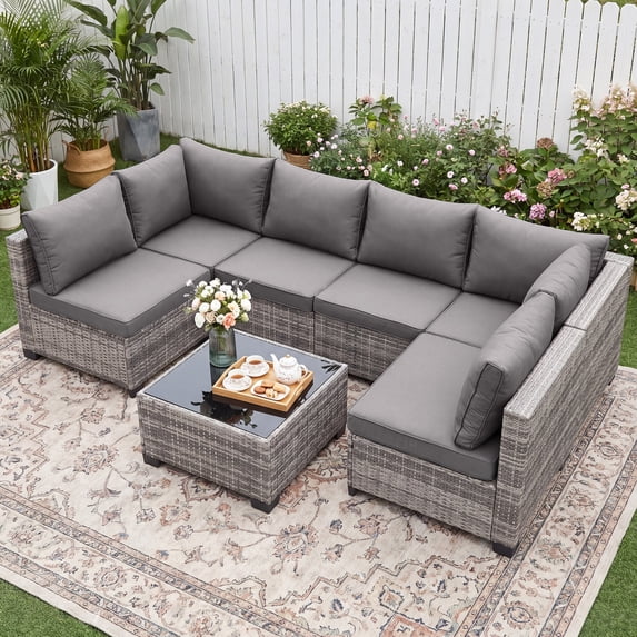 MOLIBYME 7 Pcs Outdoor Patio Furniture Set, Modular Outdoor Sectional Wicker Conversation Set, Rattan Sofa Set with Glass Table and Washable Cushion Covers, Light Gray