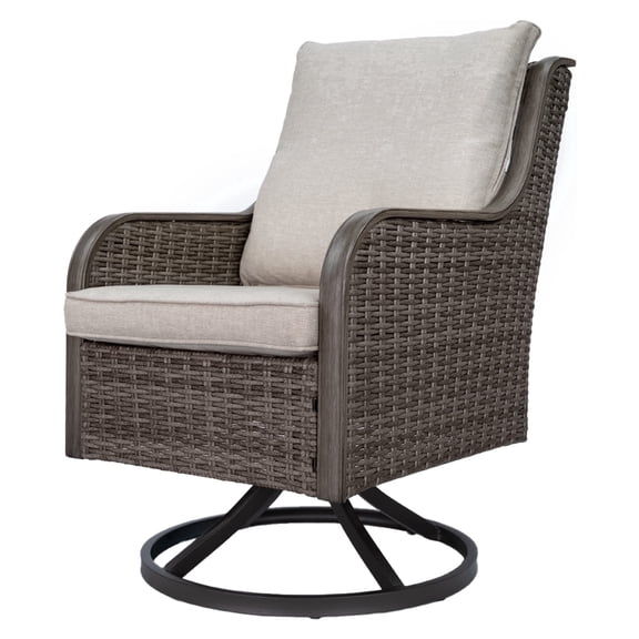 MOLIBYME Outdoor Patio Rattan Swivel Chair, All Weather Wicker Lounge Chair with Wood Grain Finish Armrest for Deck Porch Backyard Balcony, Off White Cushion