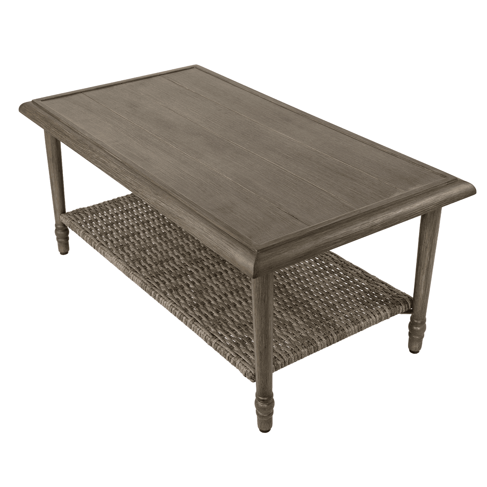 MOLIBYME Outdoor Wicker 2-Tier Coffee Table, Hand Woven Patio Wicker Storage Table for Balcony Porch Deck, Wood Grain Finish