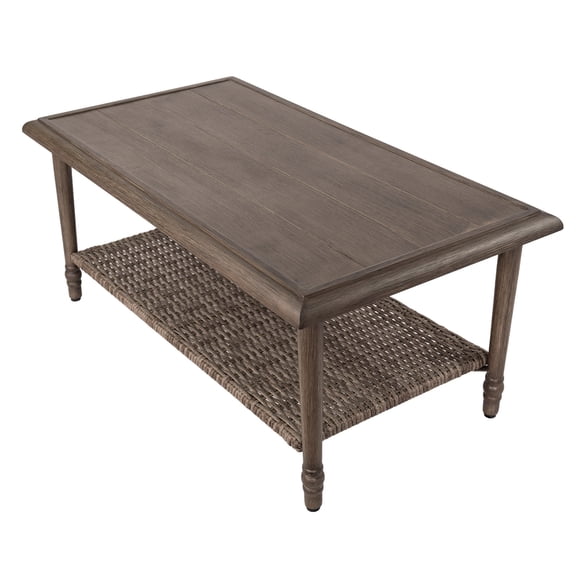 MOLIBYME Outdoor Wicker 2-Tier Coffee Table, Hand Woven Patio Wicker Storage Table for Balcony Porch Deck, Wood Grain Finish