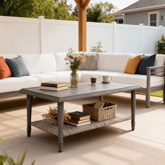 MOLIBYME Outdoor Wicker 2-Tier Coffee Table, Hand Woven Patio Wicker Storage Table for Balcony Porch Deck, Wood Grain Finish