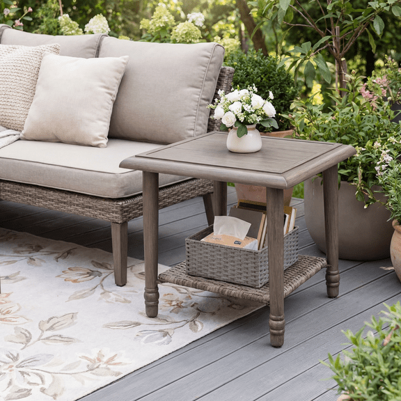 MOLIBYME Outdoor Wicker 2-Tier Side Table, Mid Century Modern Rattan Storage Table with Roman Column Iron Legs, Wood Grain Finish Side Table, Indoor/Outdoor