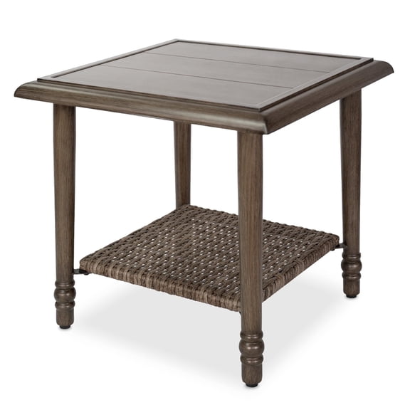 MOLIBYME Outdoor Wicker 2-Tier Side Table, Mid Century Modern Rattan Storage Table with Roman Column Iron Legs, Wood Grain Finish Side Table, Indoor/Outdoor