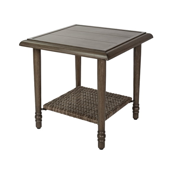 MOLIBYME Outdoor Wicker 2-Tier Side Table, Mid Century Modern Rattan Storage Table with Roman Column Iron Legs, Wood Grain Finish Side Table, Indoor/Outdoor