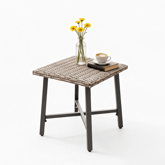 MOLIBYME Patio Wicker Side Table, All-Weather Rattan Side Table End Table for Patio Porch Deck Pool, Brown Tabletop