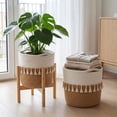 thumbnail image 1 of MOLIBYME Plant Basket with Stand, Indoor Cotton Rope Plant Woven 2 Basket with Bamboo Wood Stand, Boho Wicker Storage Basket Planter Holder, Jute and White Fringe, 1 of 7