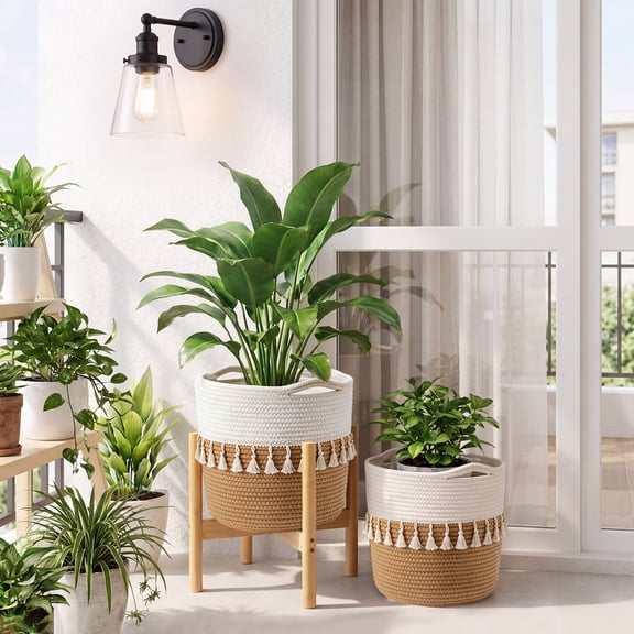 MOLIBYME Plant Basket with Stand, Indoor Cotton Rope Plant Woven 2 Basket with Bamboo Wood Stand, Boho Wicker Storage Basket Planter Holder, Jute and White Fringe