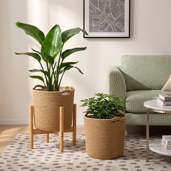 MOLIBYME Plant Basket with Stand, Indoor Cotton Rope Plant Woven 2 Basket with Bamboo Wood Stand, Boho Wicker Storage Basket Planter Holder, Jute