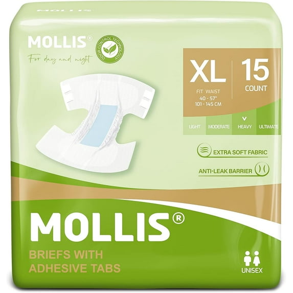 MOLLIS Adult Diapers for Women and Men, Unisex Disposable Incontinence Briefs with Tabs, Maximum Absorbency, Overnight Leak Protection, X-Large, 15 Count