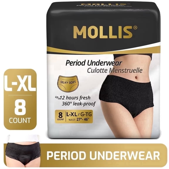 MOLLIS Disposable Period Underwear for Women, Postpartum Panties, Maternity Knickers Heavy Flow Leak Proof, Black,Large/XLarge, 8 Count