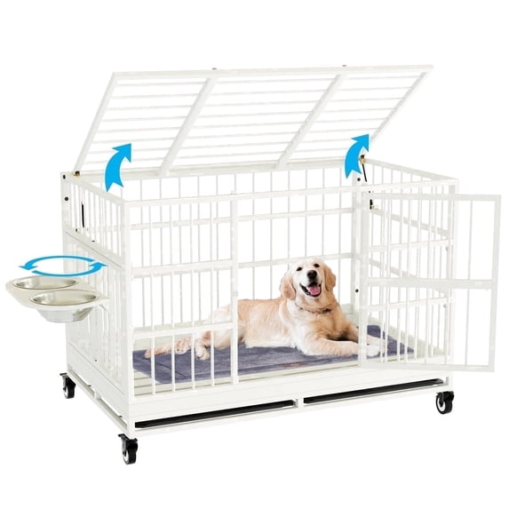 Snuowu 48" Heavy Duty Dog Crate with Wheels/Unique Air Lift Rod / 360° & Adjustable 2 Bowls/Removable Tray