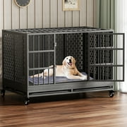 MOLYHOM 48 Inch Heavy Duty Dog Crate with Wheels, Folding Metal Big Dog Cage for Large and Medium Dogs, Extra Large XL XXL Indestructible Dog Crate with Removable Tray.