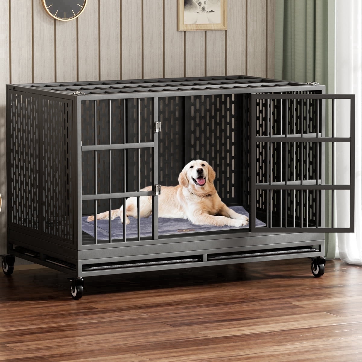 MOLYHOM 48 Inch Heavy Duty Dog Crate with Wheels for Indoor and Outdoor, Extra large，Removable Tray