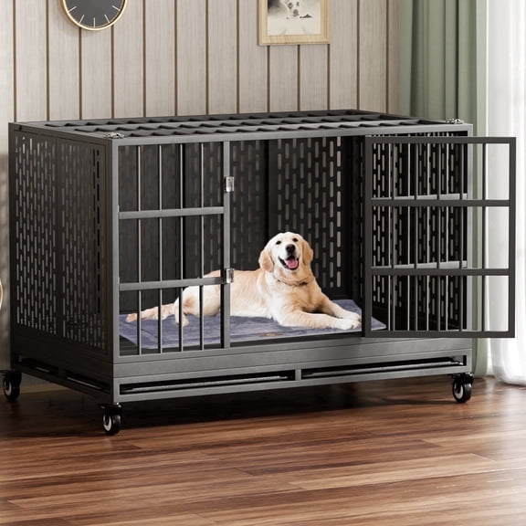MOLYHOM 48 Inch Heavy Duty Dog Crate with Wheels for Indoor and Outdoor, Extra largeRemovable Tray