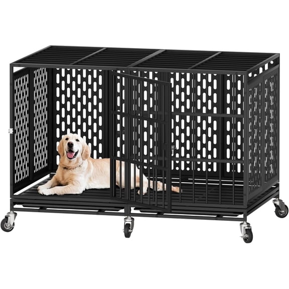 Snuowu 48Inch Heavy Duty Dog Crate with Wheels, Metal Big Dog Cage for Large and Medium Dogs, Extra Large XL XXL Indestructible Dog Crate with Removable Tray.
